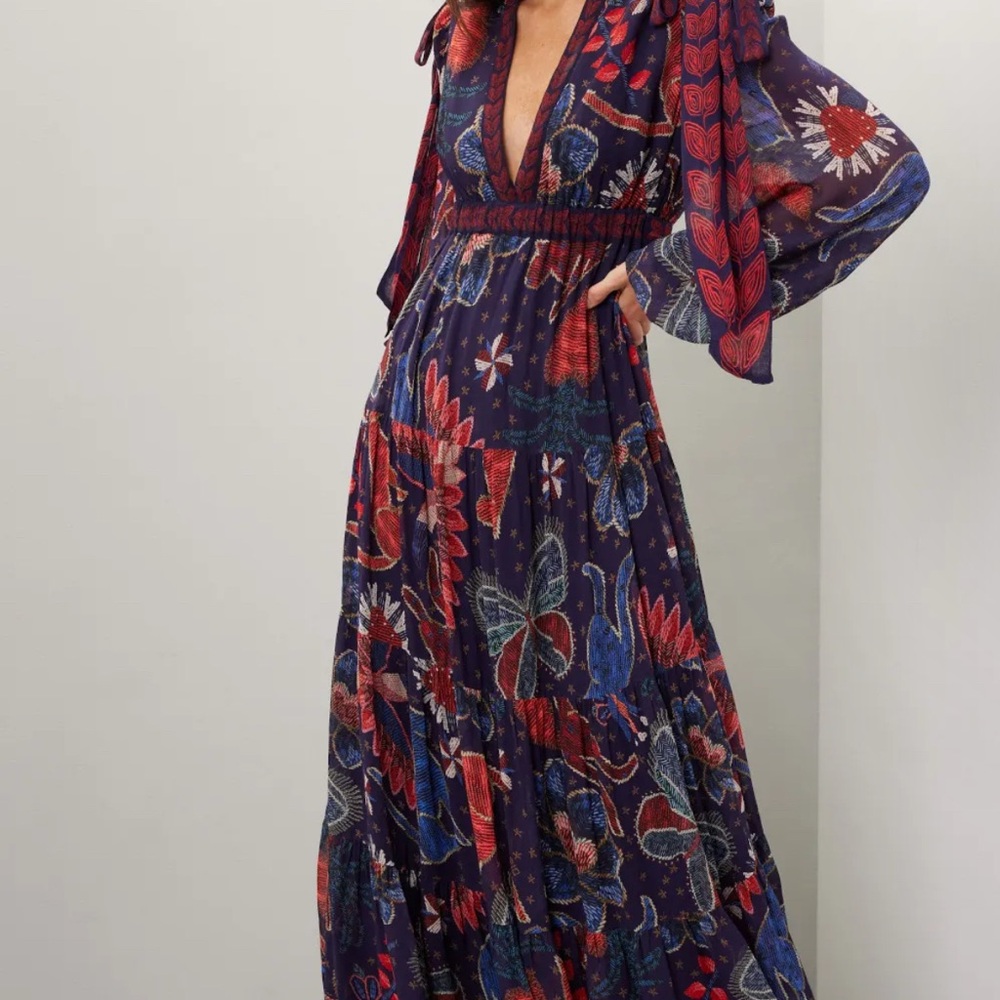 FARM Rio Blue and Red Plunge Neck Bishop Sleeve Sundress